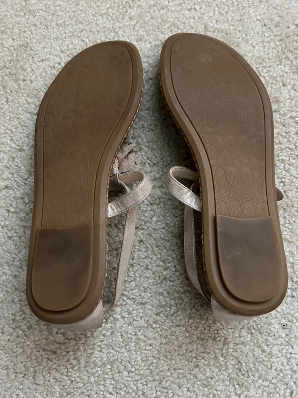 Coach Metallic Rose-Embellished Tan Leather T-Strap Sandals - Picture 5 of 6